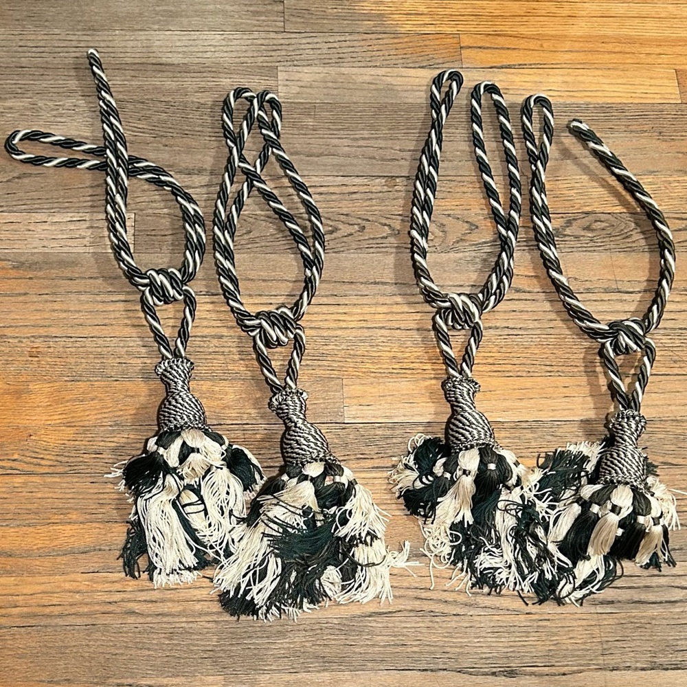 Green and Gold Long Tassel Curtain Tie Back Cords Matched Set of 4 Ornate